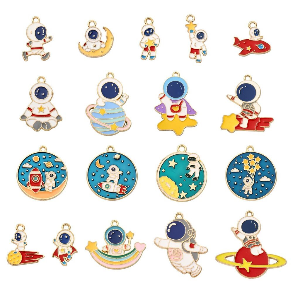 4311 36Pcs Alloy Enamel Astronaut Charms Rocket Planet Keychain Pendant